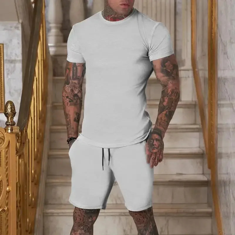 New summer fitness sportswear for men short-sleeved T-shirt and shorts two-piece set breathable and quick-drying casual wear.