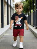 Summer New Arrival Boys Street Style Bear Print Short Sleeve Burgundy Solid Shorts Set