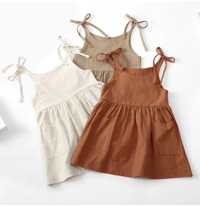 Summer Toddler Girl Dress Sleeveless Cotton Kids Beach Dress with Pocket