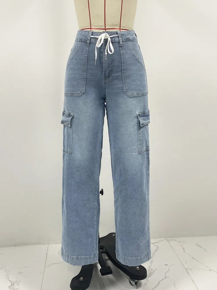 2026 Women's Casual Straight Leg Jeans Pants Fashion Style Belt and Multiple Pockets Functional Work Pants Female Cargo Trousers
