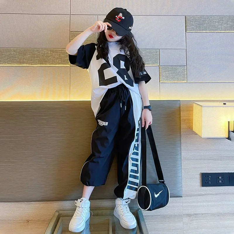 Girls Summer New Fashion Sports Cotton 2pcs T-shirts+Pants Suits 5-14 Years Teenage Girls Hiphop Oufits Tops Sets Kids Clothing
