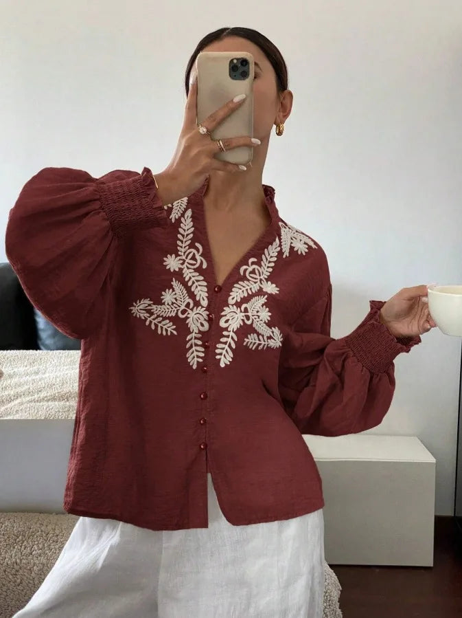 Women Autumn Single Breasted V-neck Blouses and Shirts Ladies Casual Embroidery Long Sleeve Shirt Tops