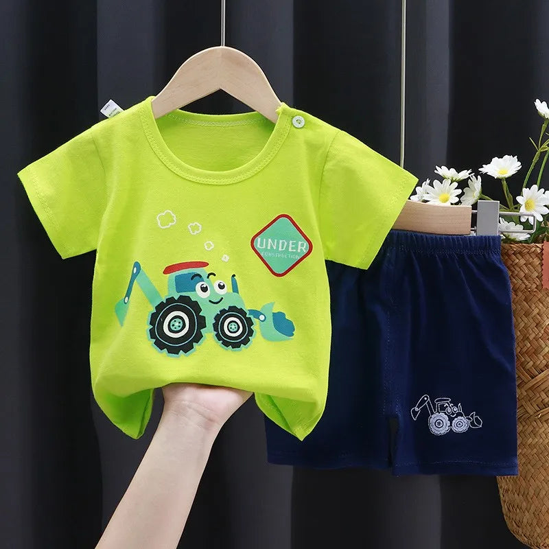 Boys Summer Costume New Short Sleeve Tshirt Shorts Baby Girls Small Car Print Tees 2PCS Trendy New Style Tracksuits Outer Wear