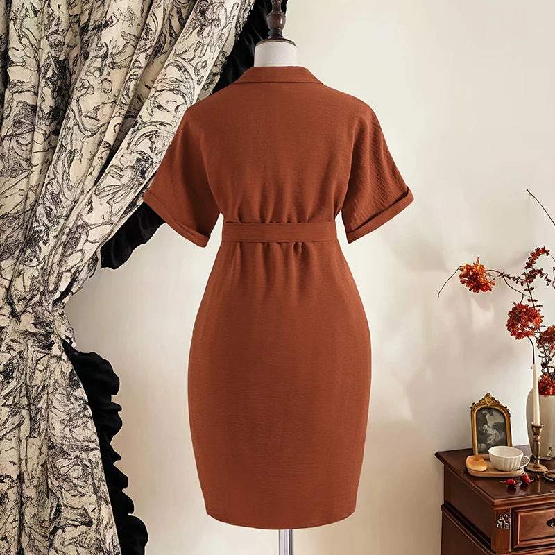 Girls 8-12 Casual Dress, Brown Lapel Short Sleeve Belted Ruched Bodycon Shirt Dress, Retro and Elegant for Daily Wear