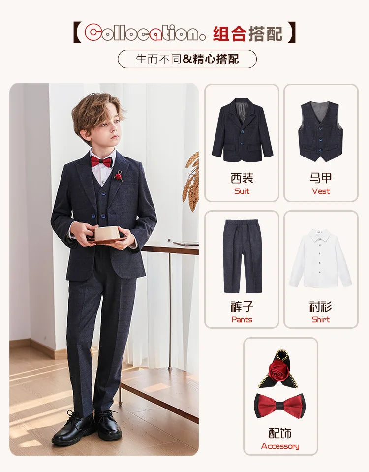 Child Boy Wedding Suit 1-14 Years Teenage Boy Suits Outfits Set Spring Autumn Elegant Boy Formal Performance Costume Suit Set