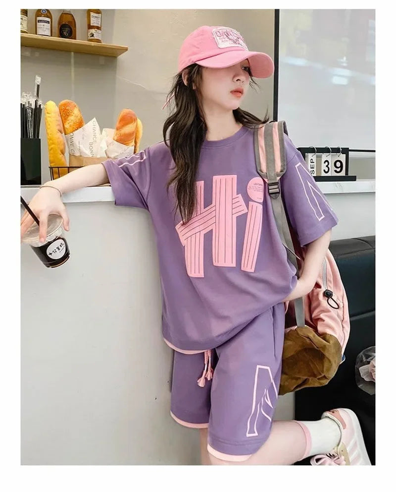 Girls T-Shirts Sets Clothes Kids Short Sleeve Tops+Shorts 2Pcs Children Clothes Suits Teen Loose Casual 2025 Outfits 5-14 Years