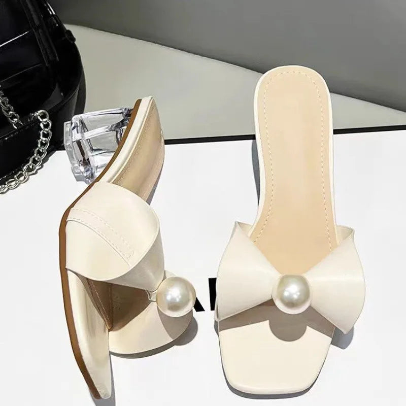 2026 Summer New High Heel Slippers Women Charm Pearl Coarse Heel French Cool Slippers Shoes Women