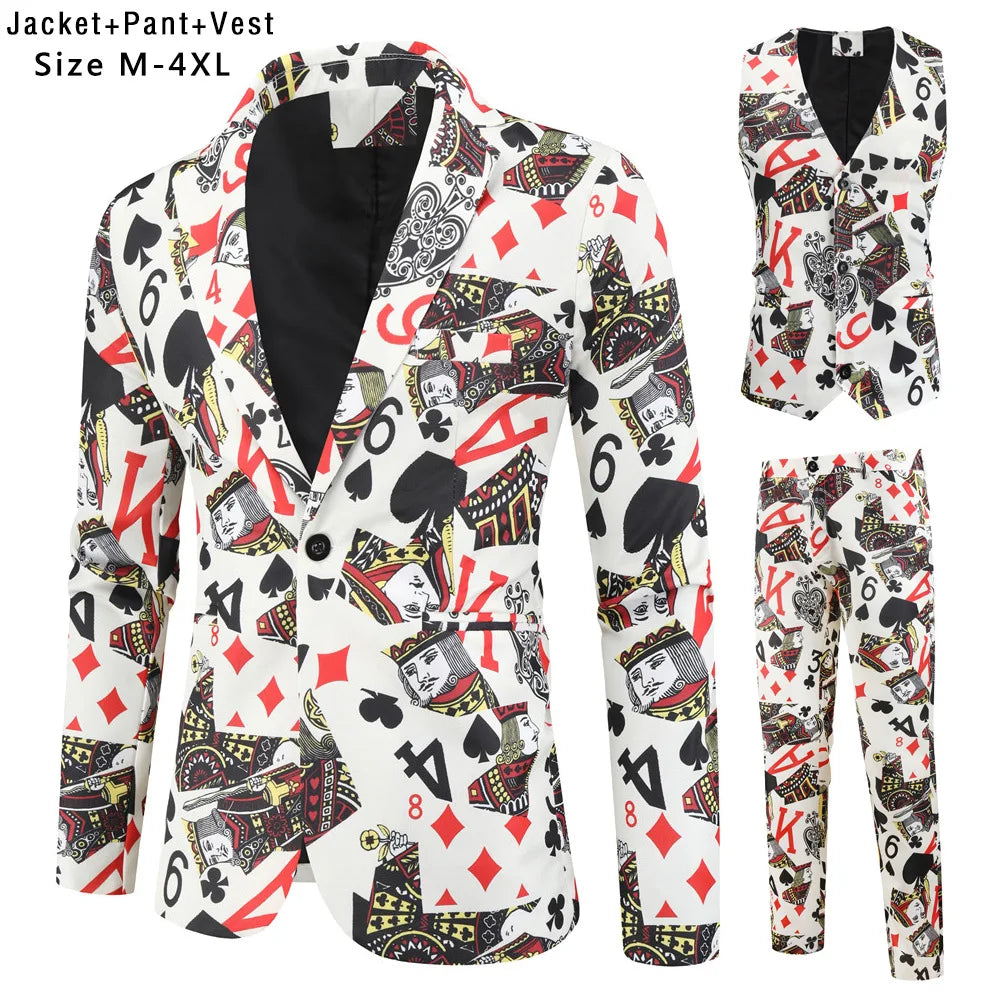 New Men's 3 Piece Christmas Sets Blazers+Vest+Pants 2026 Xmas Printed Men Suit Set Party Stage Dress Up Style Costume Streetwear