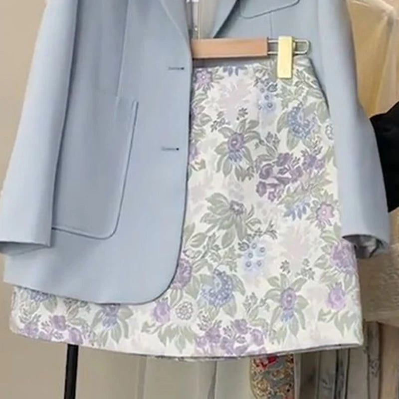 skirt sets Suit vest skirt spring new beautiful Korean blue coat printed skirt suit female sfashion sense blue suit floral skirt