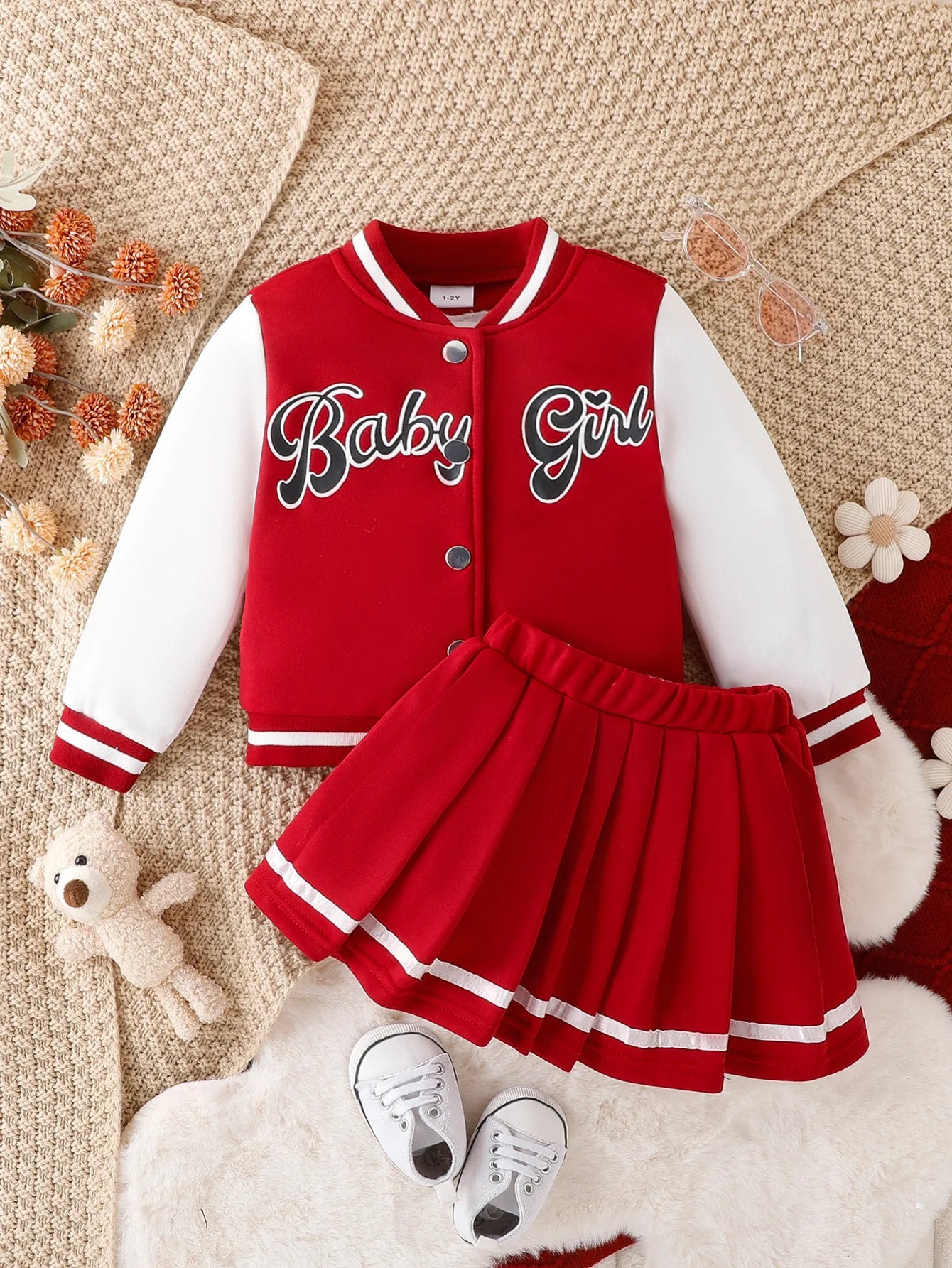 Kid Girl Cute Outfit Two Piece Set Children Casual Dress Baseball Jacket Coat Top Embroidered Letters Pleated Skirt Sporty Style