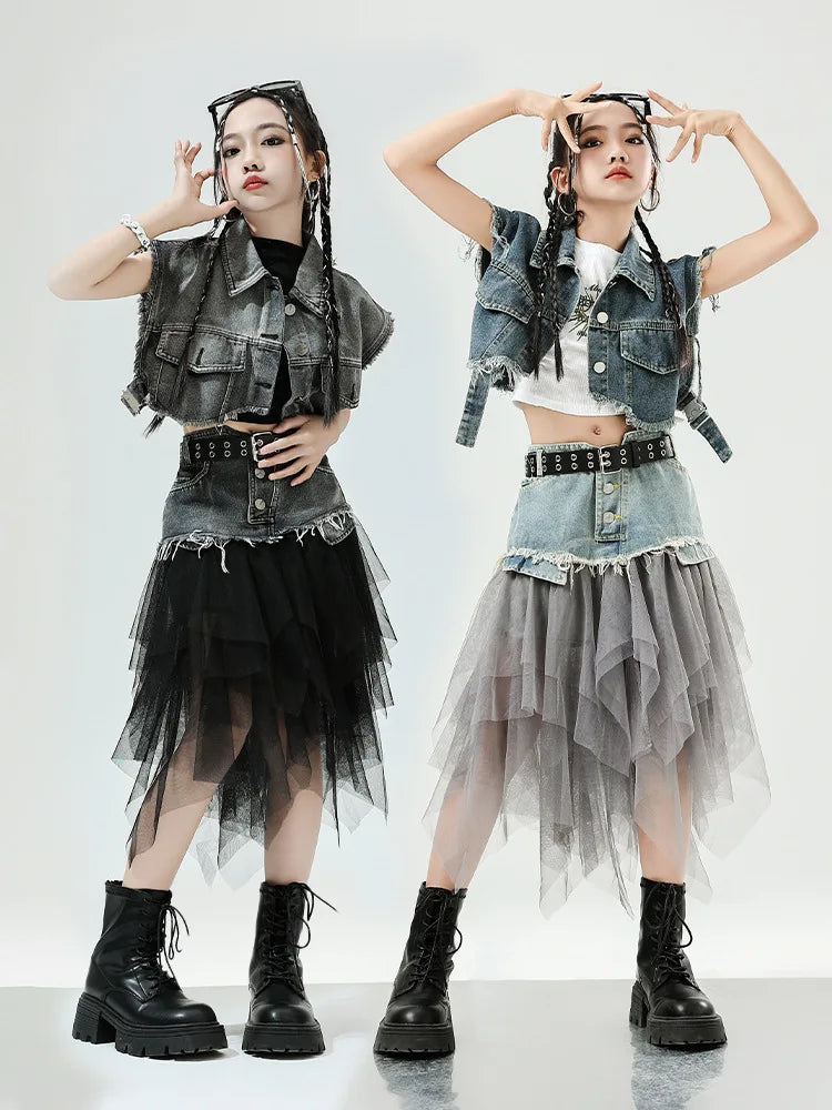 Girls Hip Hop Clothing Denim Sleeveless Jacket Vest Top Street Patchwork Mesh Skirt for Kids Jazz Dance Costume Clothes