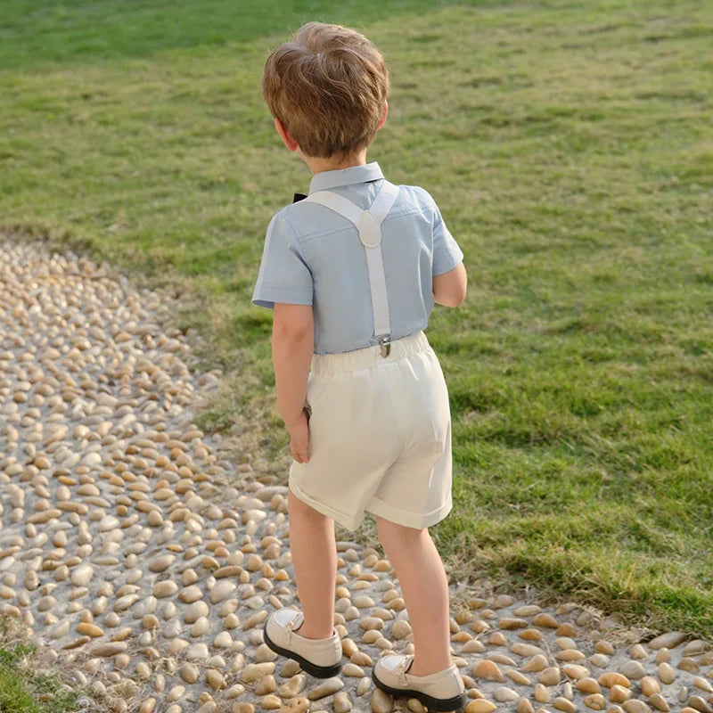 Kid Formal Strap Shirt Shorts Bowtie Clothing Set Gentleman Baby Toddler Tracksuit Elegant Boys Outfit Suit For Wedding Children