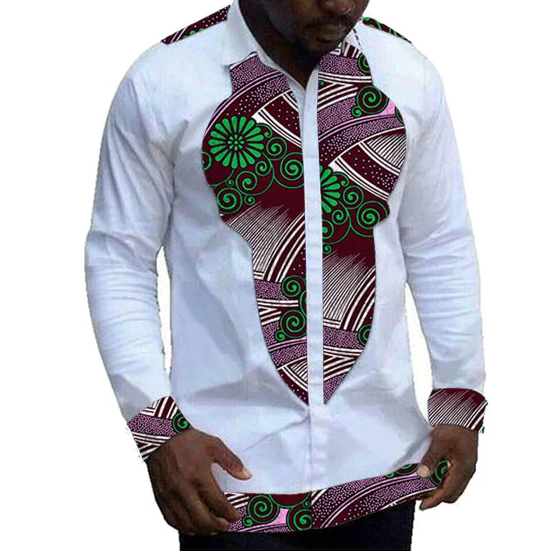 Nigerian Fashion White Men's Shirts Modern Design Casual Shirt Patchwork Long Sleeved Lapel Top African Couture Party Wear