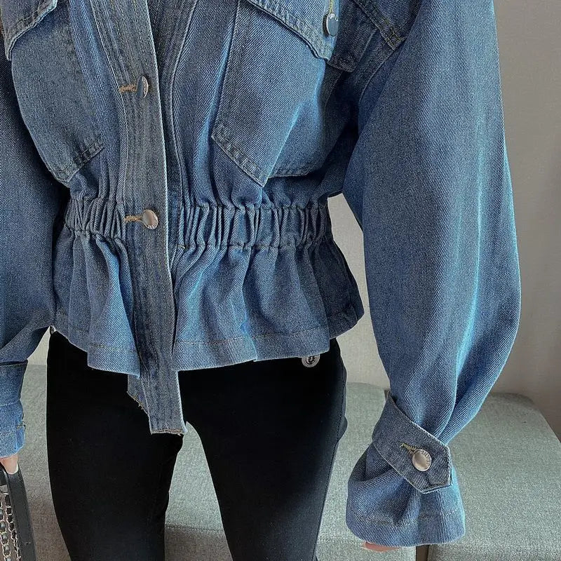 Jean Jacket V-neck Pleated Waist Slim Coat Women's Autumn Korean Fashion Personalized Irregular Shirt Loose Casual Denim Tops