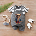 Summer short-sleeved 2-piece bear patterned striped round-neck romper for baby boys and girls in deep grey.