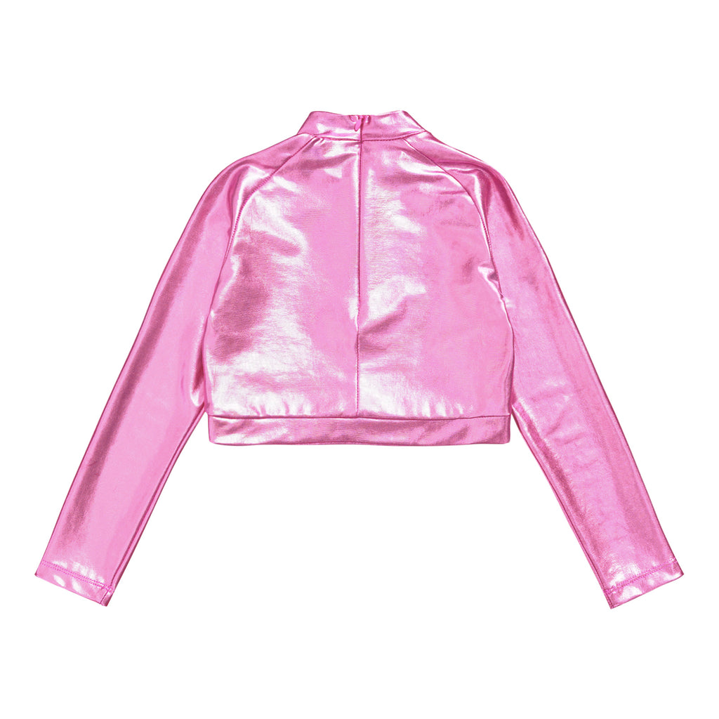Kids Girls Shiny Metallic Crop Top Mock Neck Long Sleeve Front Sequin Fully Lined Athletic T-Shirts Jazz Hip-hop Dance Tops