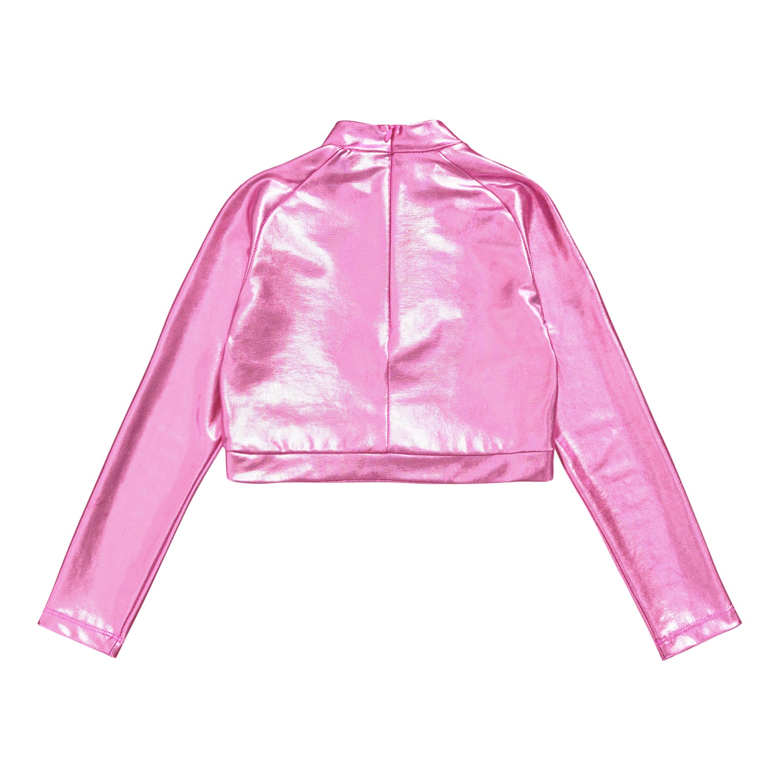 Kids Girls Shiny Metallic Crop Top Mock Neck Long Sleeve Front Sequin Fully Lined Athletic T-Shirts Jazz Hip-hop Dance Tops
