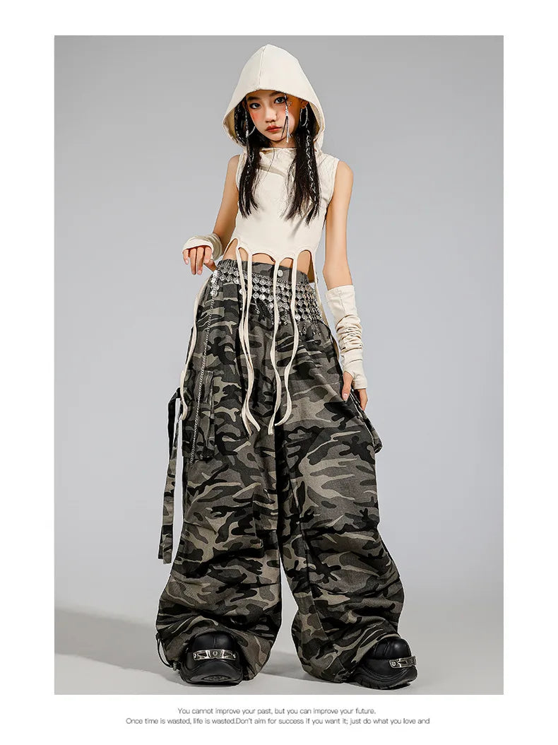 Kid Modern Dance Clothes Girl Jazz Dance Lace up Crop Hoodie Camouflage Pants Navel Performance Suit Kpop Group Stage Costume