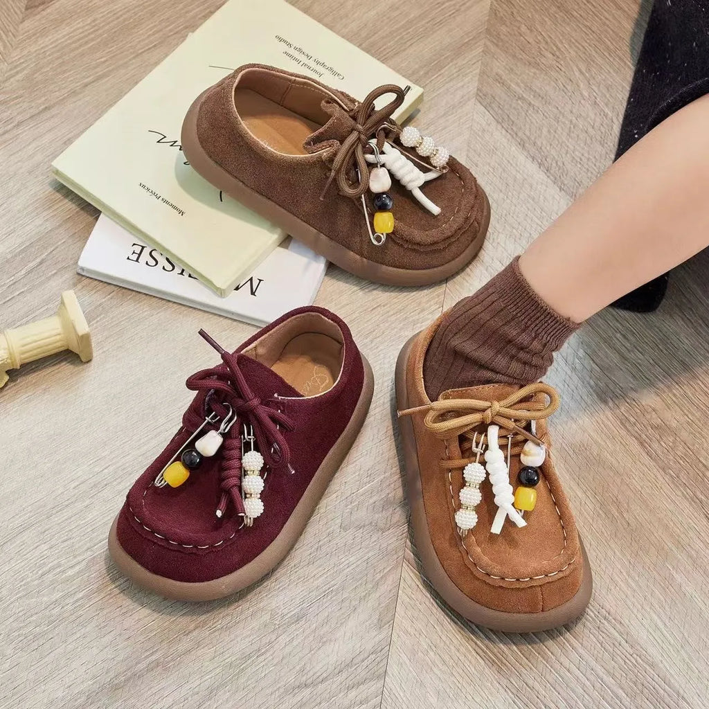 Boys Girls Leather Shoes with Cute Beaded 2025 New Autumn Toddler Walking Shoes Soft Sole Simple Versatile Kids School Loafers
