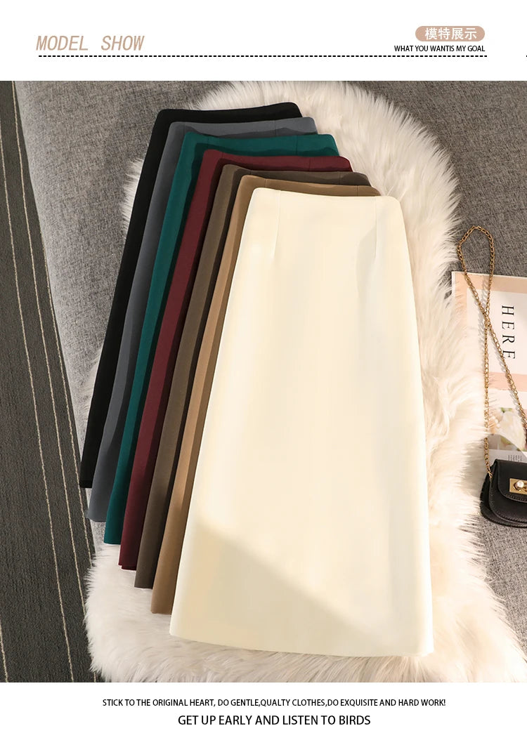 Elegant Office Ladies Work Suit Straight Skirt Women Autumn Winter Korean Fashion High Waist Split Business Midi Long Skirts