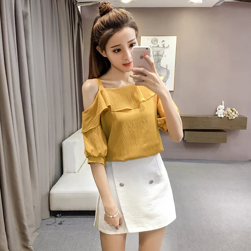 Fashion Women Blouses Sexy Slash Neck Chiffon Women Blouse Shirt Short Sleeve Summer Ladies Tops