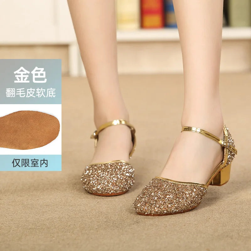 2023 New Summer Girls Party Shoes Princess Sandals Sequined Cloth Leather Glitter Buckle Strap Block Heel Kids Gift Shoes