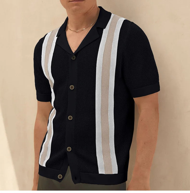 Summer New Knitted Shirts for Men Fashion Cuban Collar Business Casual Social Polo Shirts Knit Cardigans Men Clothing Streetwear