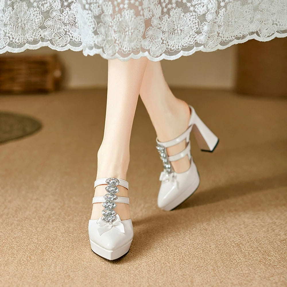 Thick High Heels Sandals Women Genuine Leather Fashion Rhinestone Bow Pointed Dress Wedding Party Dress Pumps Shoes 898-222