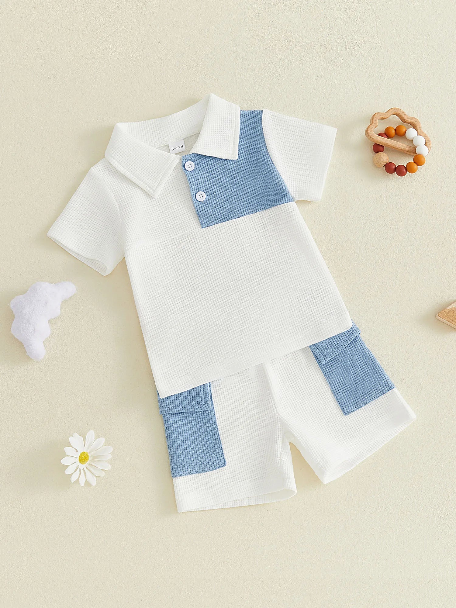 Toddler Baby Boy Summer Outfit Contrast Short Sleeve Collared Shirts Cargo Shorts 2 Piece Boys Waffle Clothing Set