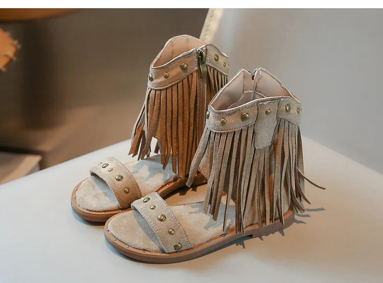 Sandals for Girl Summer New Fashion Strap Roman Sandals with Tassel Rivet Girl Shoes Personalized Kid Cool Boot Sandalias Mujer