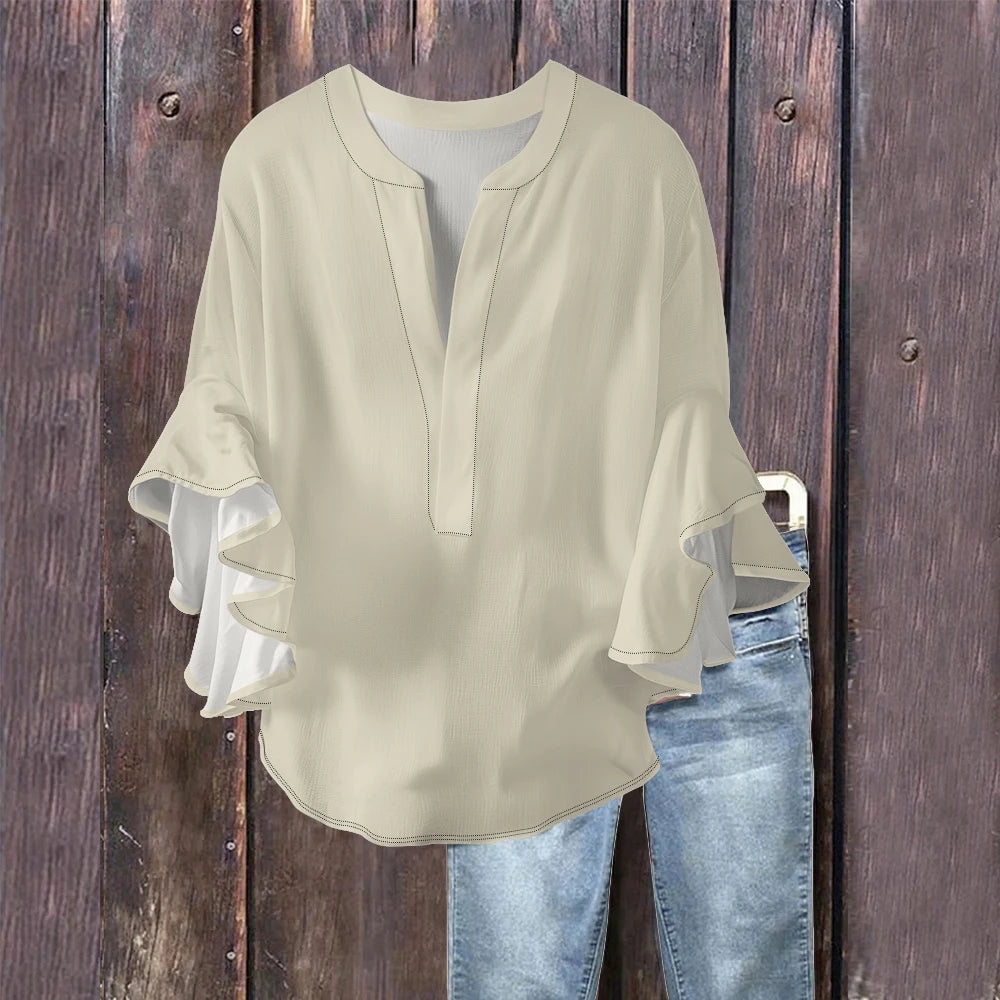 Women's Pure Color Blouse Navy Blue & White Bubble Crepe Shirt with V-Neck and Ruffled Flounce Sleeves, Chic Modern Casual Top