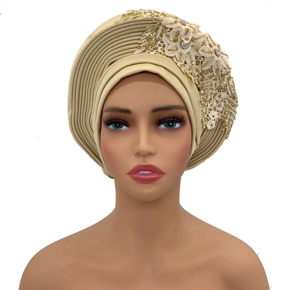 Elegant African Autogele Women's Turban Cap Nigeria Wedding Gele Ready to Wear Headtie with Embroidery Lace Party Headwear