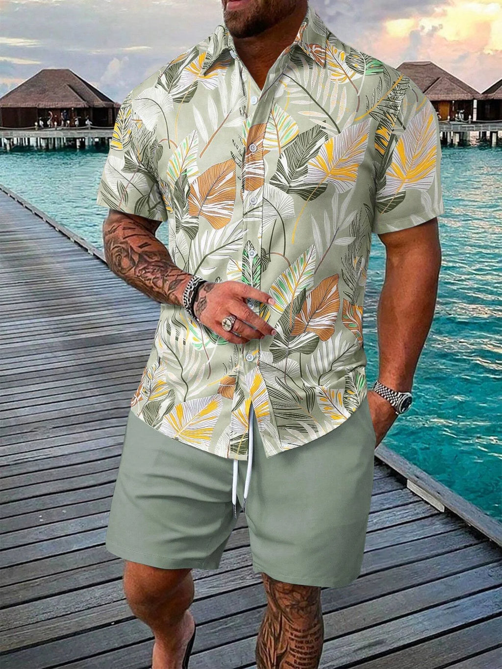 Men's Tropical Floral Hawaiian Shirt Short Sleeve Button Down with Vivid Hibiscus and Palm Leaves Print Summer Casual Beach Wear