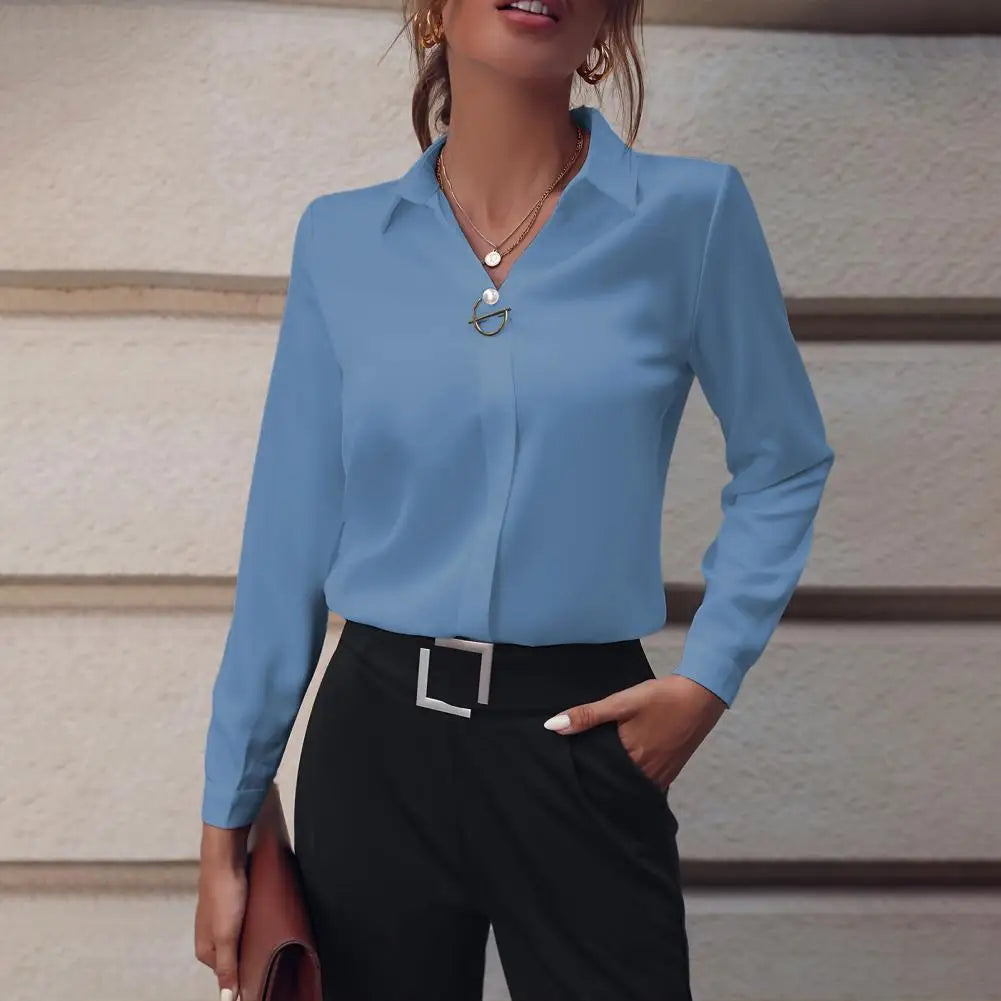 Summer Elegant Women's Blouse New V-neck Long Sleeve Solid Color Loose Shirt Casual White Tops Office Lady Blouses