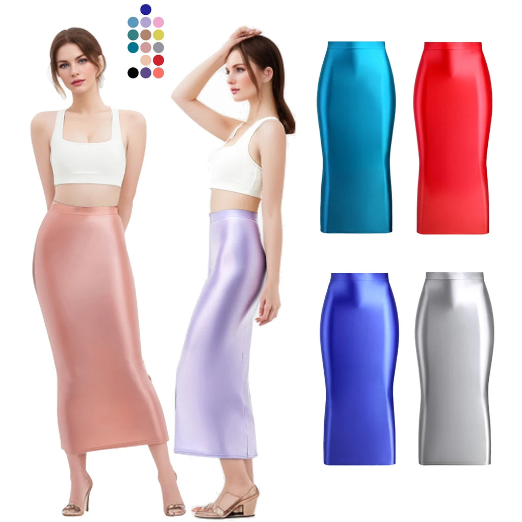 MJINM Women Sexy Oil Silky Satin Shiny Glossy High Elastic Skirt Hip Wrap One-step Ankle-Length Skirt Smooth Slimming Fit Skirt