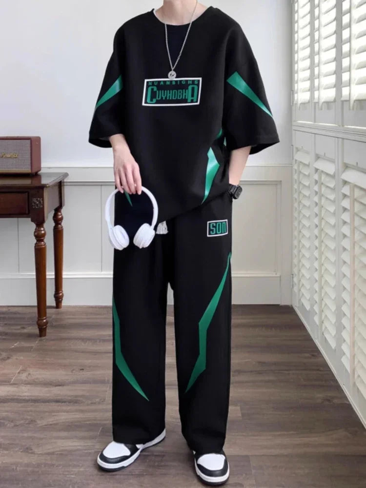Male T Shirt Trousers Sets Smooth Sports Suits Alphabet Men's Pants Set Two-piece Outfits Xl Offer Korean Style Stylish Casual