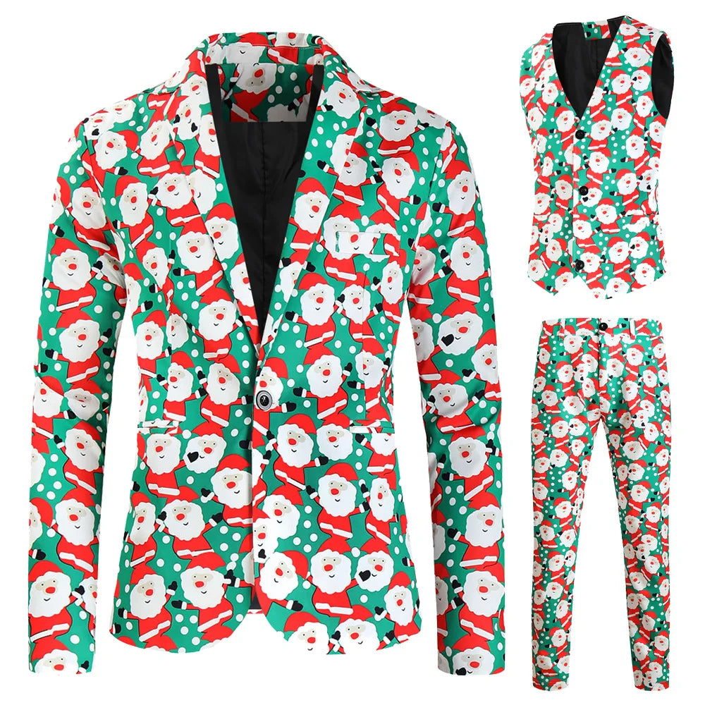 New Men's 3 Piece Christmas Sets Blazers+Vest+Pants 2026 Xmas Printed Men Suit Set Party Stage Dress Up Style Costume Streetwear