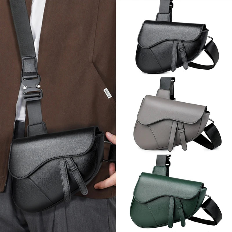 Men' Shoulder Bag Fashion Saddle Bag High Quality Leather Premium Zipper Simple Solid Color Chest Bag Business Men Messenger Bag