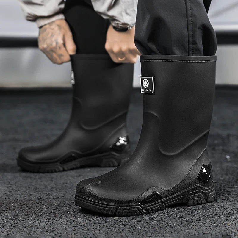 Rain Boots for Men, Non-Slip, Waterproof, High-Top Fishing Boots, Popular Work Safety Shoes, Rain Boots