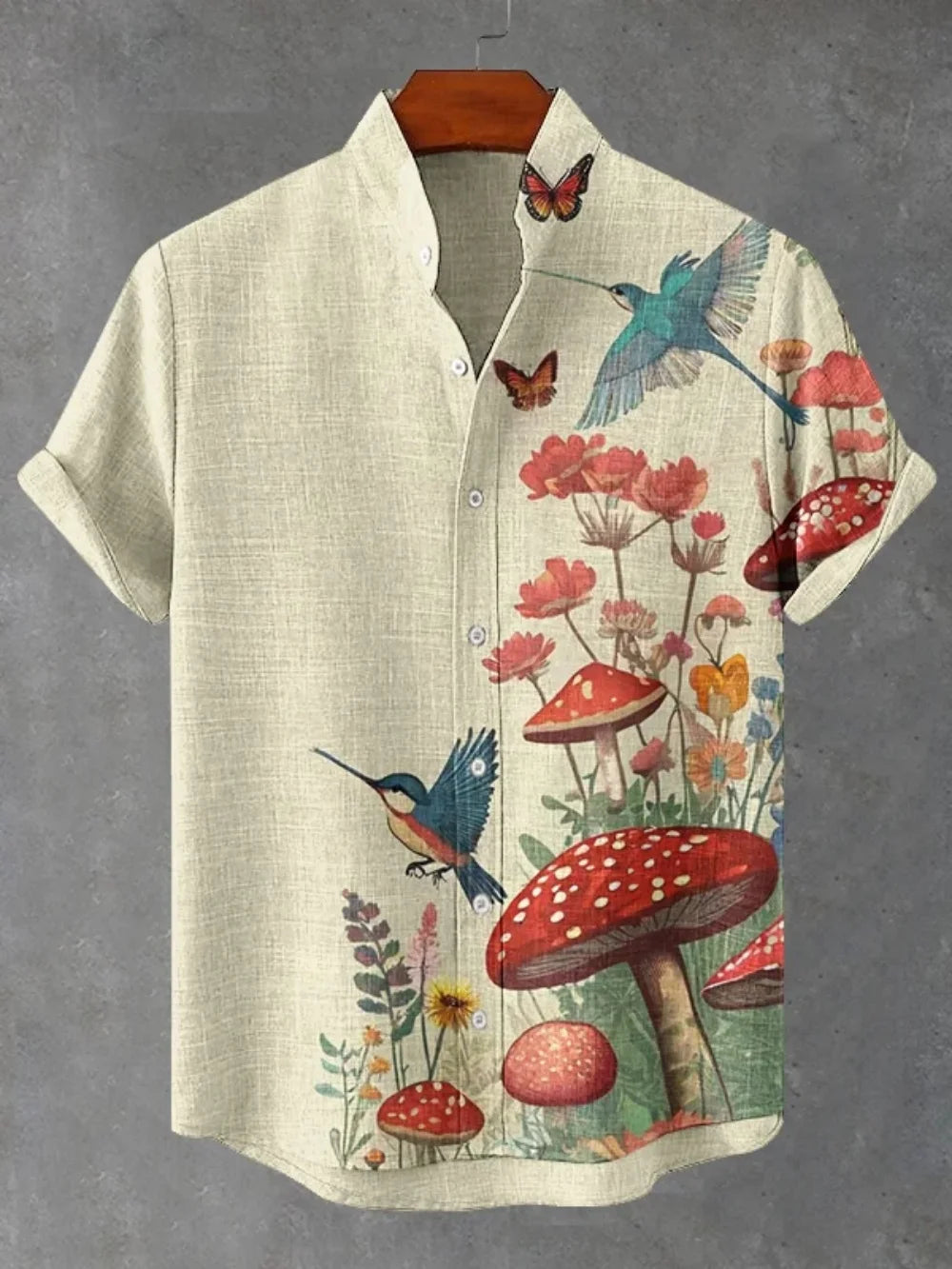 2025 new men's standing collar shirt, Japanese samurai printed cardigan button up shirt, retro linen short sleeved men's shirt