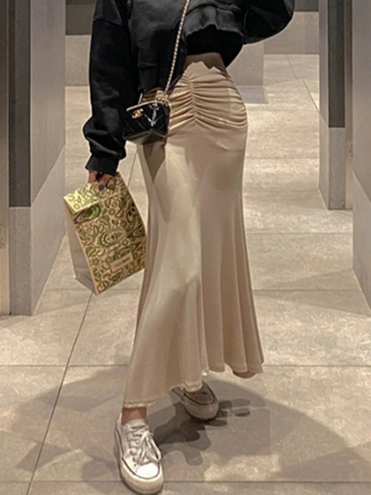 Shirring Satin Skirts for Women High Waisted Skirt 2026 Women A-Line Elegant Skirts Summer Pink Midi Skirt New Korean Style