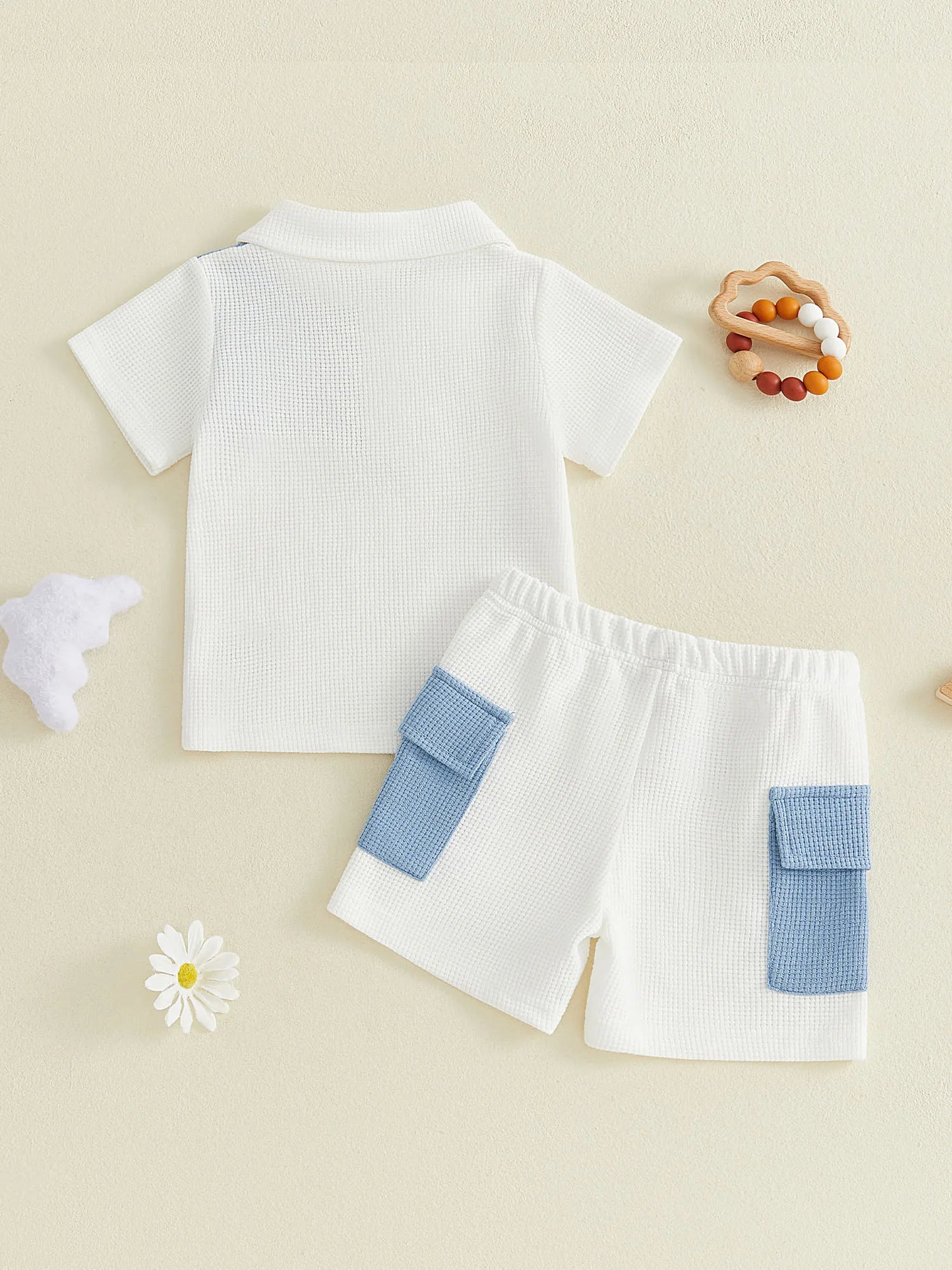 Toddler Baby Boy Summer Outfit Contrast Short Sleeve Collared Shirts Cargo Shorts 2 Piece Boys Waffle Clothing Set