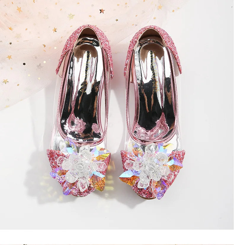 Pink Blue Princess Dance Shoes for Girls Low Heels for Kids Birthday Party Glitter Crystal Diamond Shoe Child Gown Leather Shoes