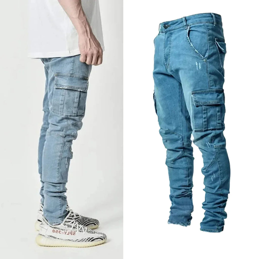 Men's street elastic workwear jeans washed solid color multi pocket casual mid waist pants slim fit daily wear jogging pants