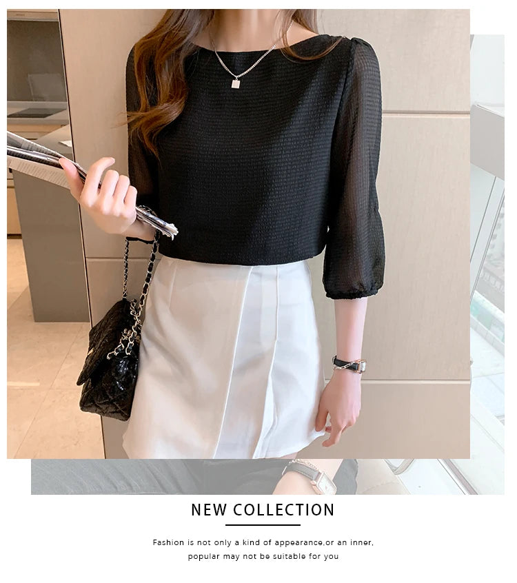 Blusas Para Mujer 2026 New Women Blouse Shirt O-Neck Black Chiffon Blouse Shirt Women Tops Blouses Shirts Blusas Camisas E474