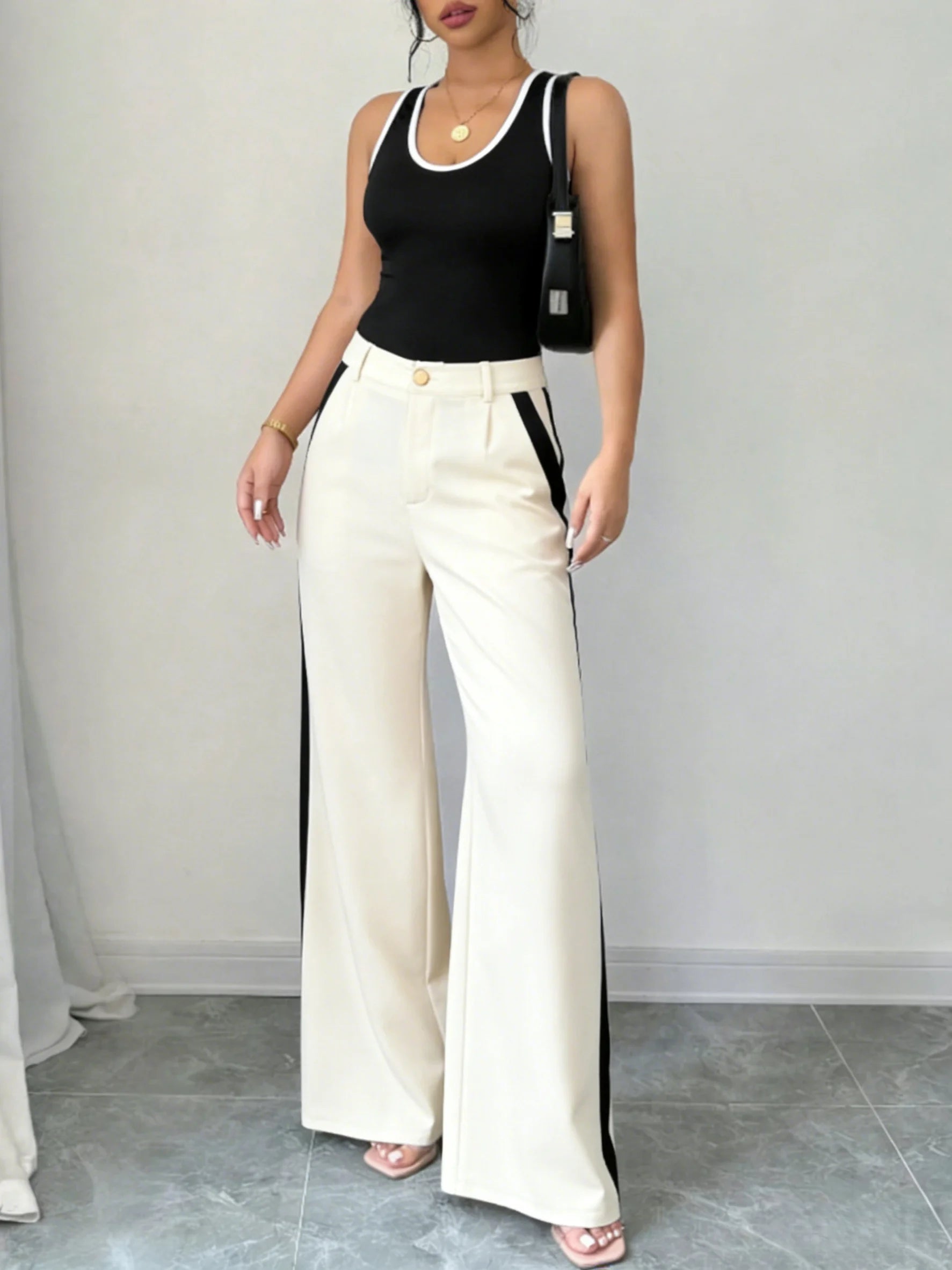 Women's Trousers Set Contrast Trim Tank Top High Waist Wide Leg Pants Two Piece Set Spring Summer Office Street Casual Outfit