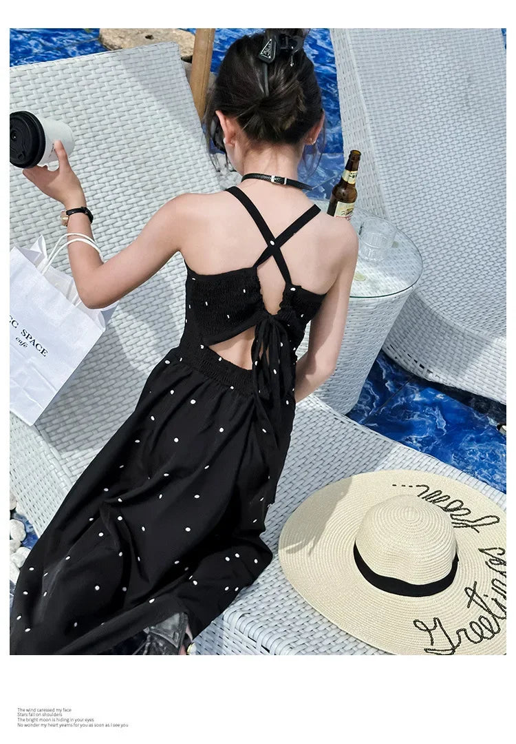 teenage girls dress design sense cross tie polka dot camisole princess dresses summer junior backless long skirt prom dresses 12