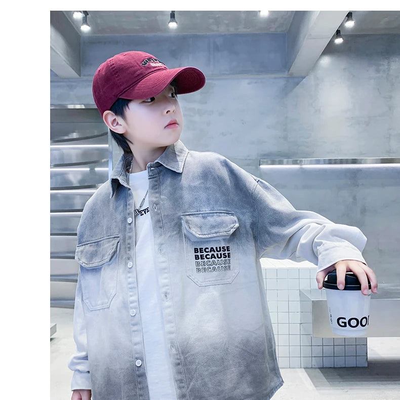 Loose Teenage Boy Gray Gradient Denim Shirt Jacket For Child Age 5 6 7 8 9 10 11 12 13 14 Years Kids Casual Spring Clothing Coat