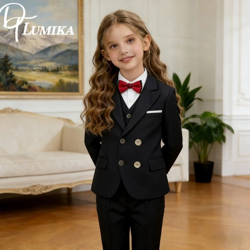 Girls Black 4 Piece Slim Fit Suit Set Jacket Vest Pants Bowtie Classic Elegant Formal Wear For Wedding Performance Prom Ages 2