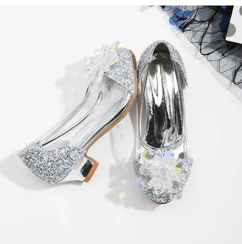 Pink Blue Princess Dance Shoes for Girls Low Heels for Kids Birthday Party Glitter Crystal Diamond Shoe Child Gown Leather Shoes